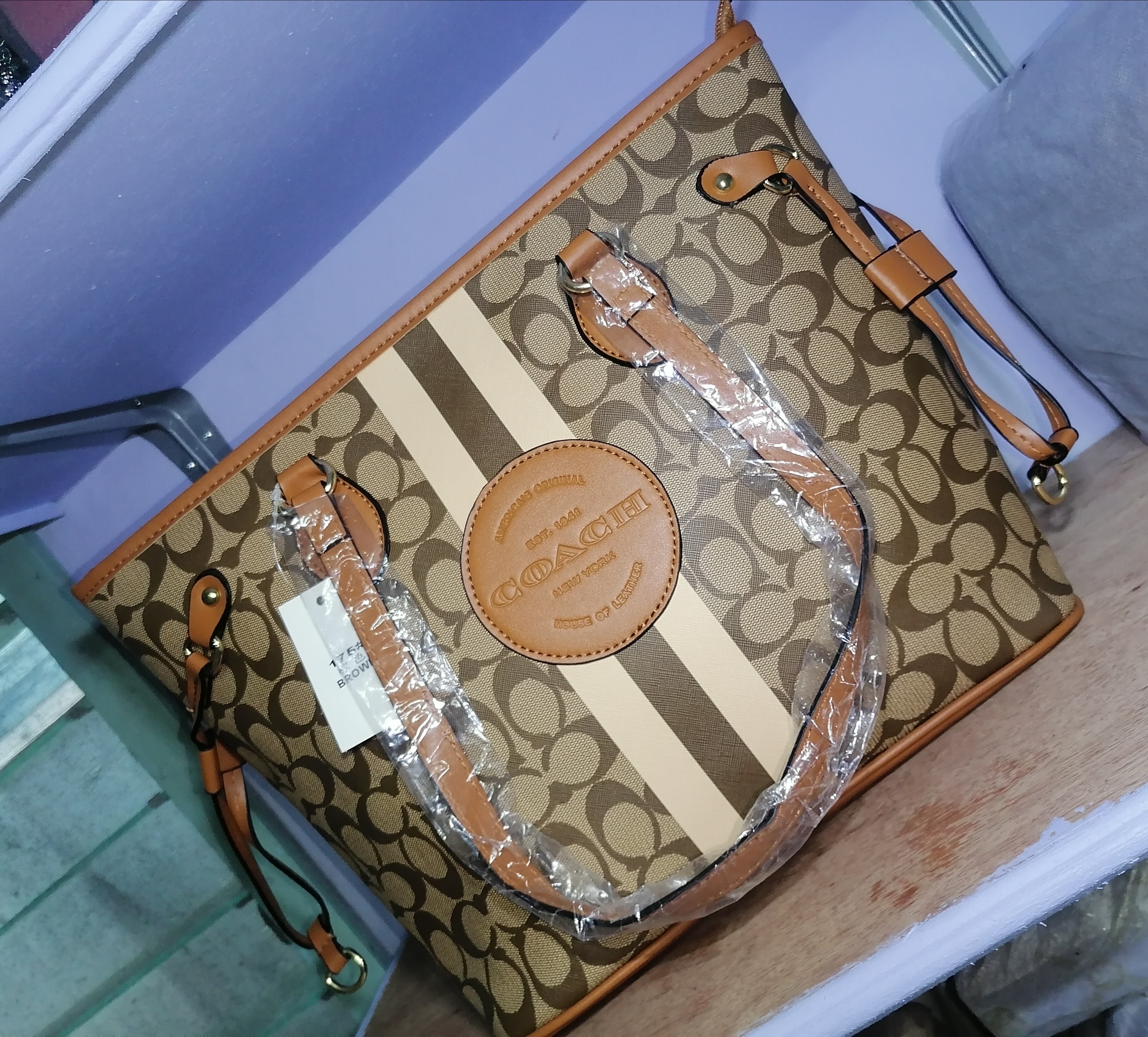 Coach Dempsey Signature Canvas Tote Bag with Stripe & Round Patch – Brown